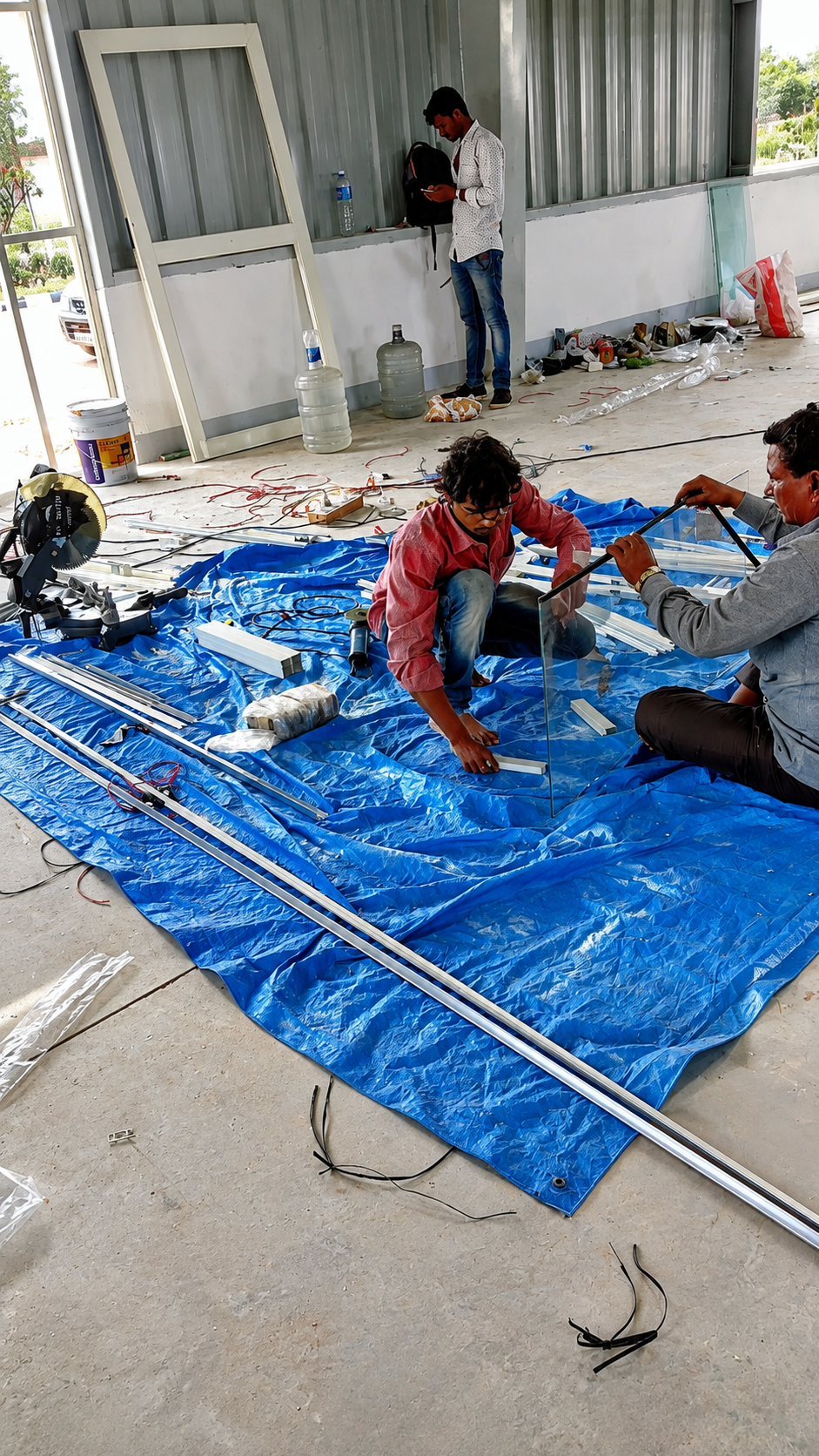 BIAL Airport, Bengaluru — On-site fabrication of aluminium sections and glass panels before installation