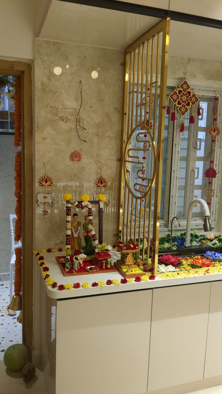 Ajay's House, Ballari — Marble pooja unit with brass jaali screen