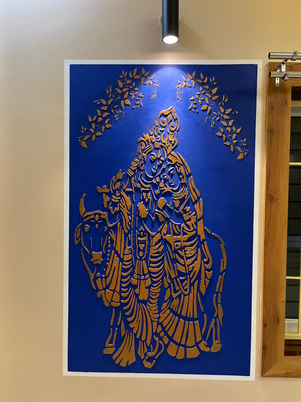 Manibhushan's House, Hyderabad — Hand-finished Radha Krishna relief mural in blue and gold